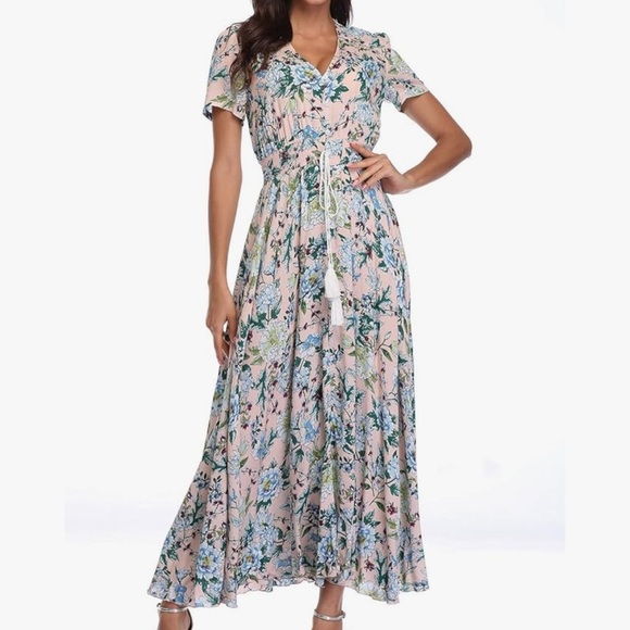 Boutique Pink Floral Midi Dress Button Up Split Summer Boho Long Beach Dress M - Picture 1 of 10